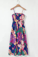 Purple Floral Print Shirred Spaghetti Strap Loose Long Dress Maxi Dresses JT's Designer Fashion