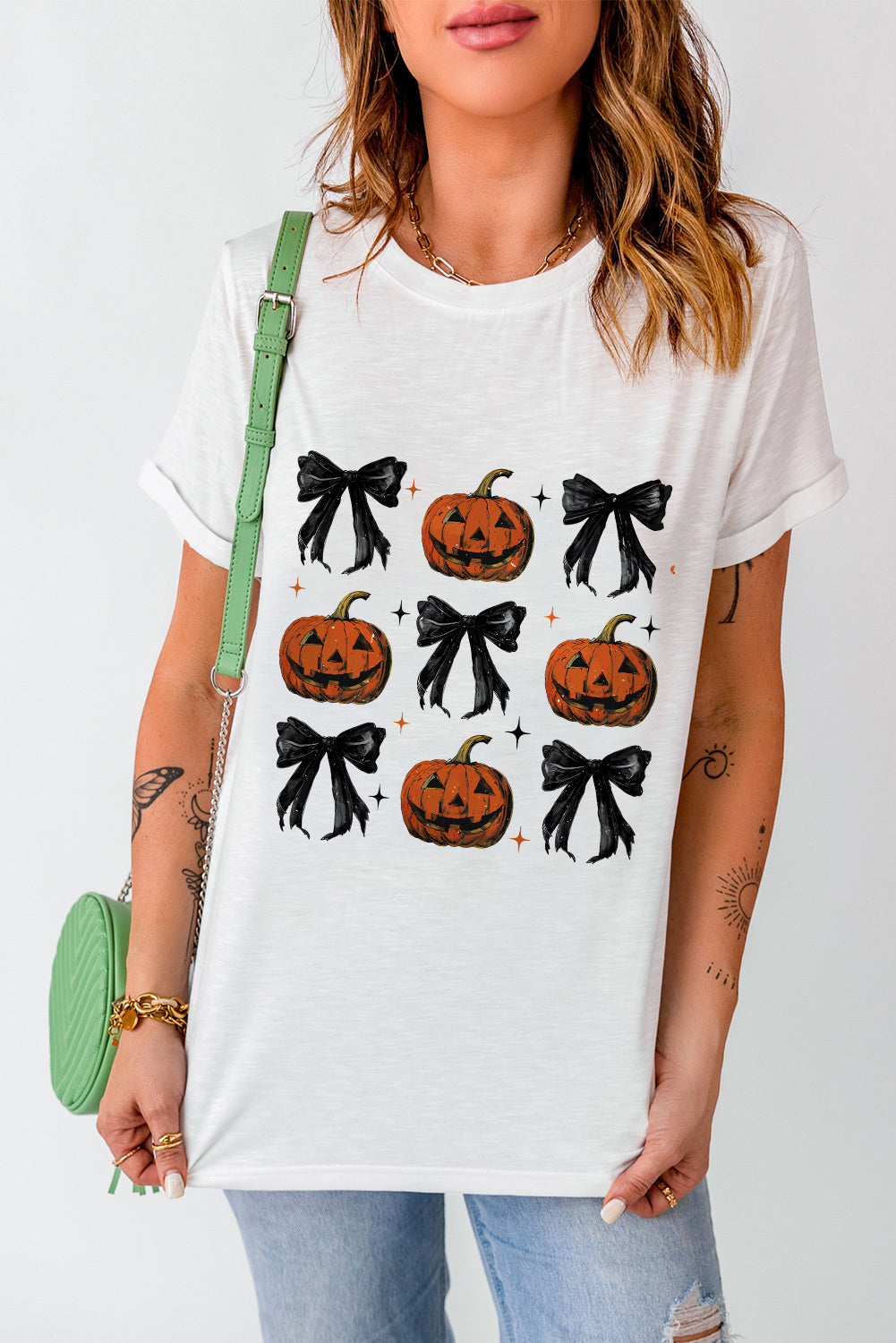 White Halloween Pumpkin Face Bowknot Graphic T Shirt Graphic Tees JT's Designer Fashion