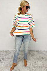 Beige Stripe Dropped Short Sleeve Boxy Fit Knitted Top Sweaters & Cardigans JT's Designer Fashion