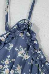 Blue Floral Spaghetti Strap Frilled V Neck Tiered Midi Dress Midi Dresses JT's Designer Fashion