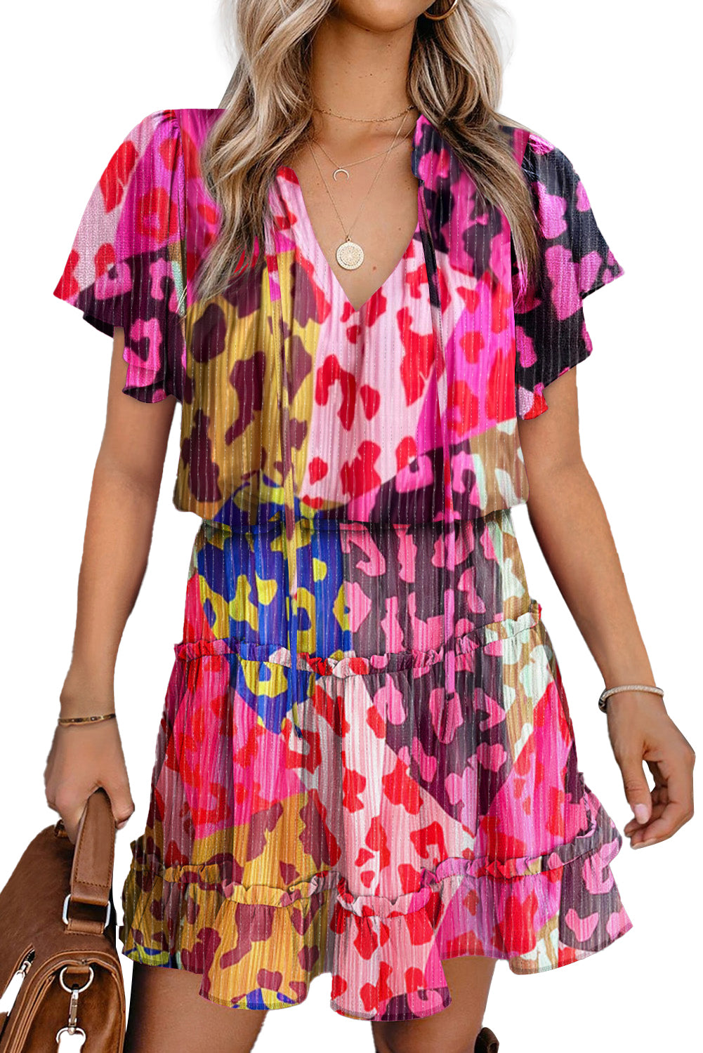 Rose Leopard Print Short Sleeve Tiered Ruffle Mini Dress Dresses JT's Designer Fashion
