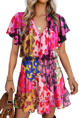 Rose Leopard Print Short Sleeve Tiered Ruffle Mini Dress Dresses JT's Designer Fashion
