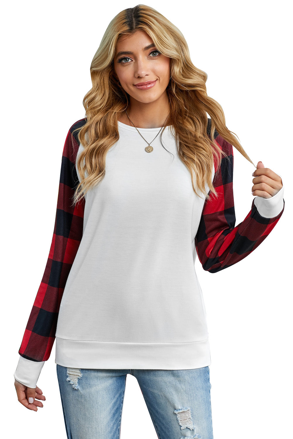 White Buffalo Plaid Long Sleeve Sweatshirt Sweatshirts & Hoodies JT's Designer Fashion
