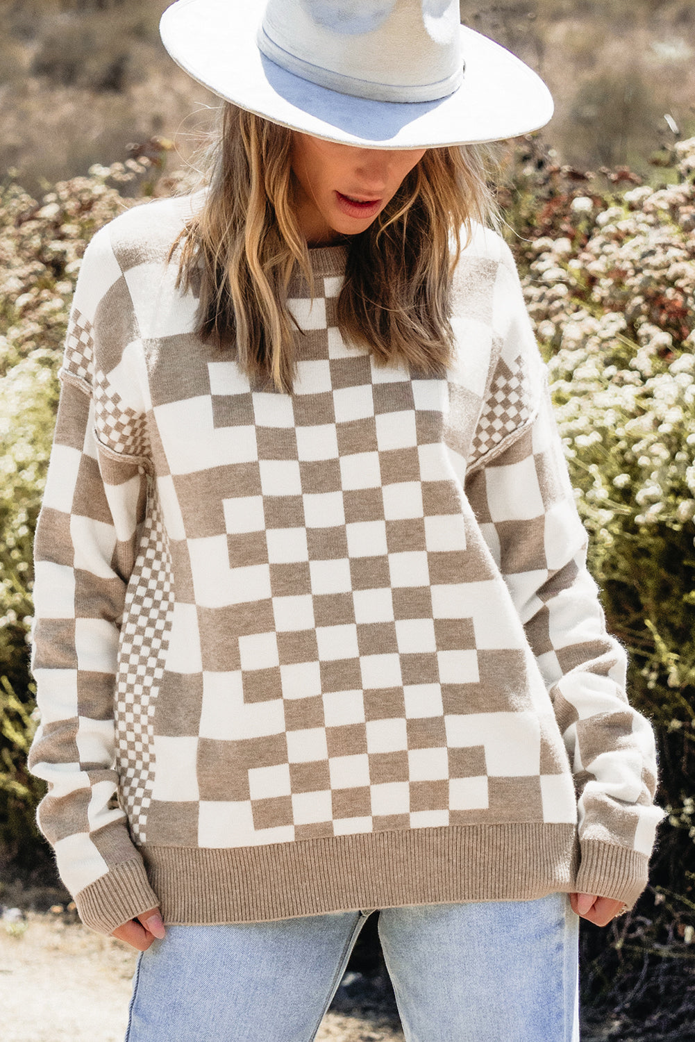 Khaki Checkered Print Drop Shoulder Round Neck Sweater Sweaters JT's Designer Fashion