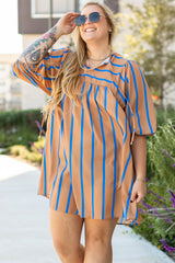 Khaki Stripe Contrast Striped Print 3/4 Sleeve Babydoll Plus Size Dress Plus Size Mini Dresses JT's Designer Fashion