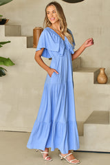 Sky Blue Textured V Neck Flutter Sleeve Ruffled Long Dress Maxi Dresses JT's Designer Fashion
