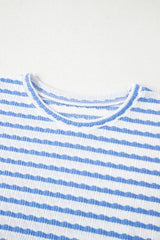 Sky Blue Stripe Knitted Short Sleeve Top and Drawstring Shorts Set Short Sets JT's Designer Fashion
