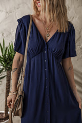 Navy Blue V Neck Buttoned Front Shirred Back Short Sleeve Midi Dress Dresses JT's Designer Fashion