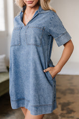 Beau Blue Short Sleeve Collared Patched Pocket Denim Mini Dress Mini Dresses JT's Designer Fashion