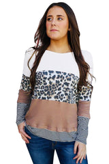 Brown Stripes Leopard Splicing Colorblock Long Sleeve Top Long Sleeve Tops JT's Designer Fashion