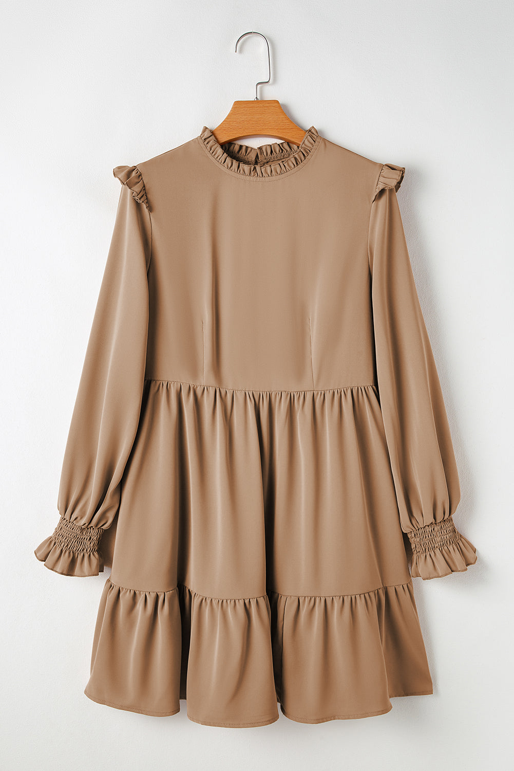 Light French Beige Frilled Collar Ruffled Shoulder Tiered Dress Mini Dresses JT's Designer Fashion