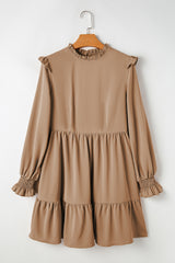 Light French Beige Frilled Collar Ruffled Shoulder Tiered Dress Mini Dresses JT's Designer Fashion