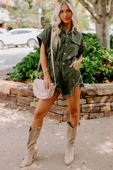 Moss Green Short Sleeve Buttoned Elastic Waist Frayed Denim Romper Bottoms JT's Designer Fashion