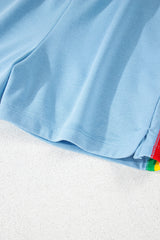 Sky Blue Rainbow Colorblock Collared Short Sleeve Top 2 Piece Shorts Set Short Sets JT's Designer Fashion