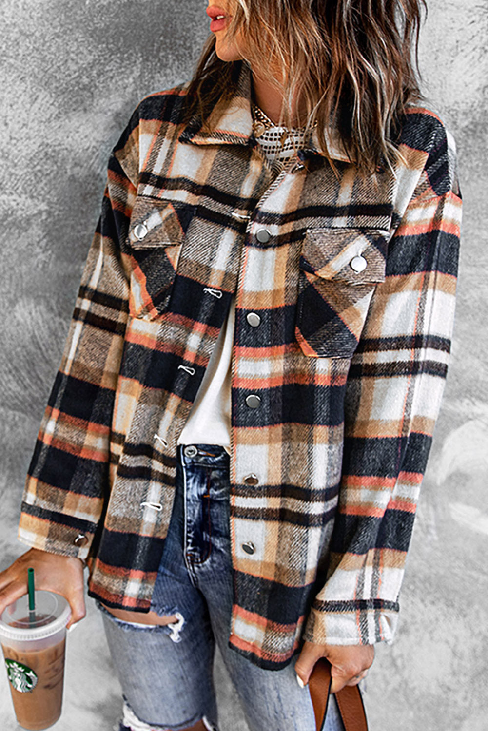 Geometric Plaid Print Pocketed Shacket Plaid Shackets JT's Designer Fashion