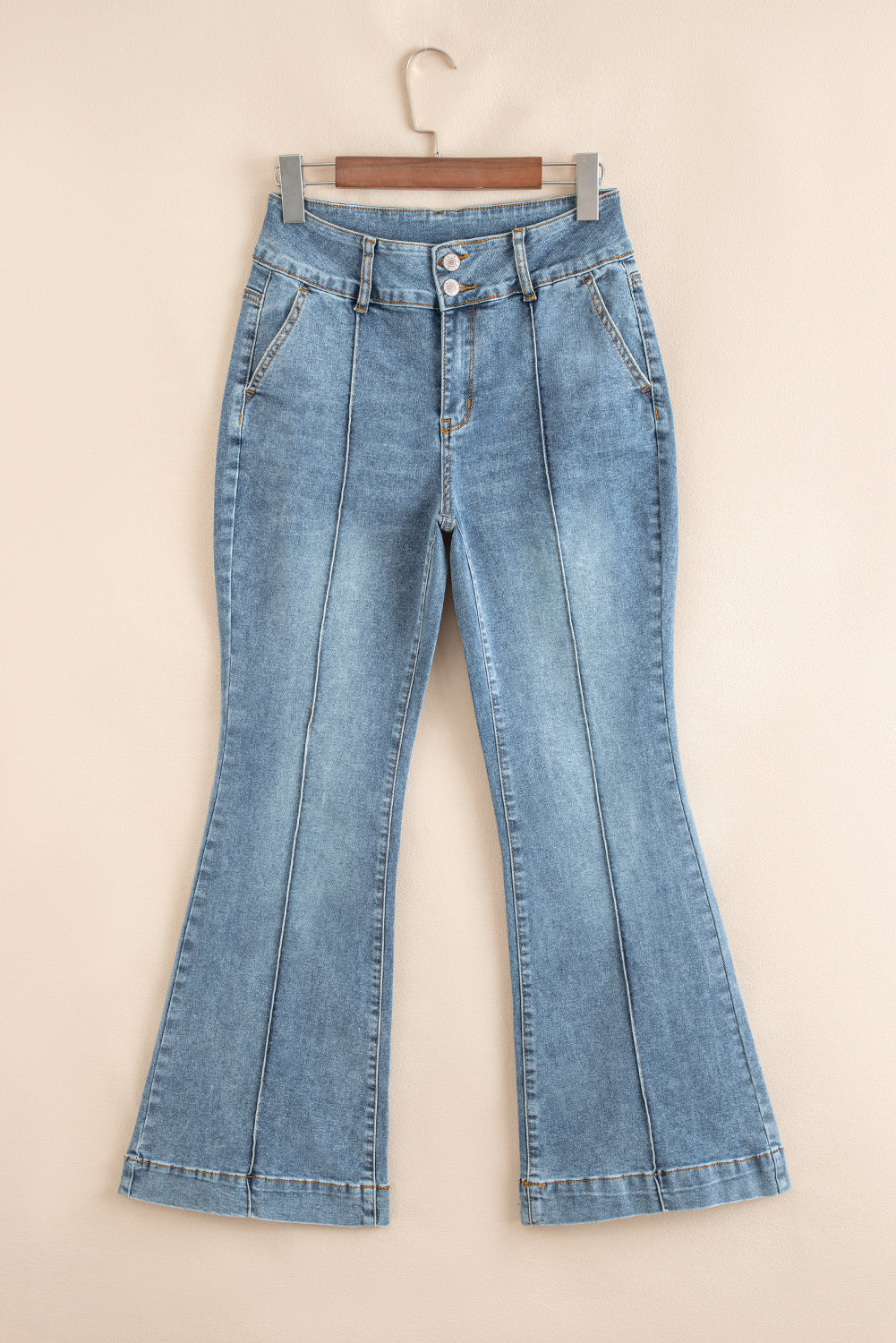 Dusk Blue 2 Button High Waist Piping Trim Bootcut Jeans Jeans JT's Designer Fashion