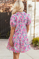Pink Floral Collared Half Placket Short Sleeve Loose Dress Floral Dresses JT's Designer Fashion