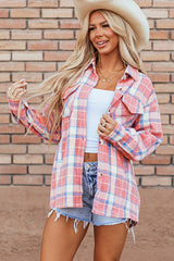 Pink Plaid Flap Pocket Button Up Shacket Plaid Shackets JT's Designer Fashion