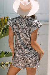 Brown Leopard Half Zipper Collared Ruffled Sleeve Top and Short Set Short Sets JT's Designer Fashion