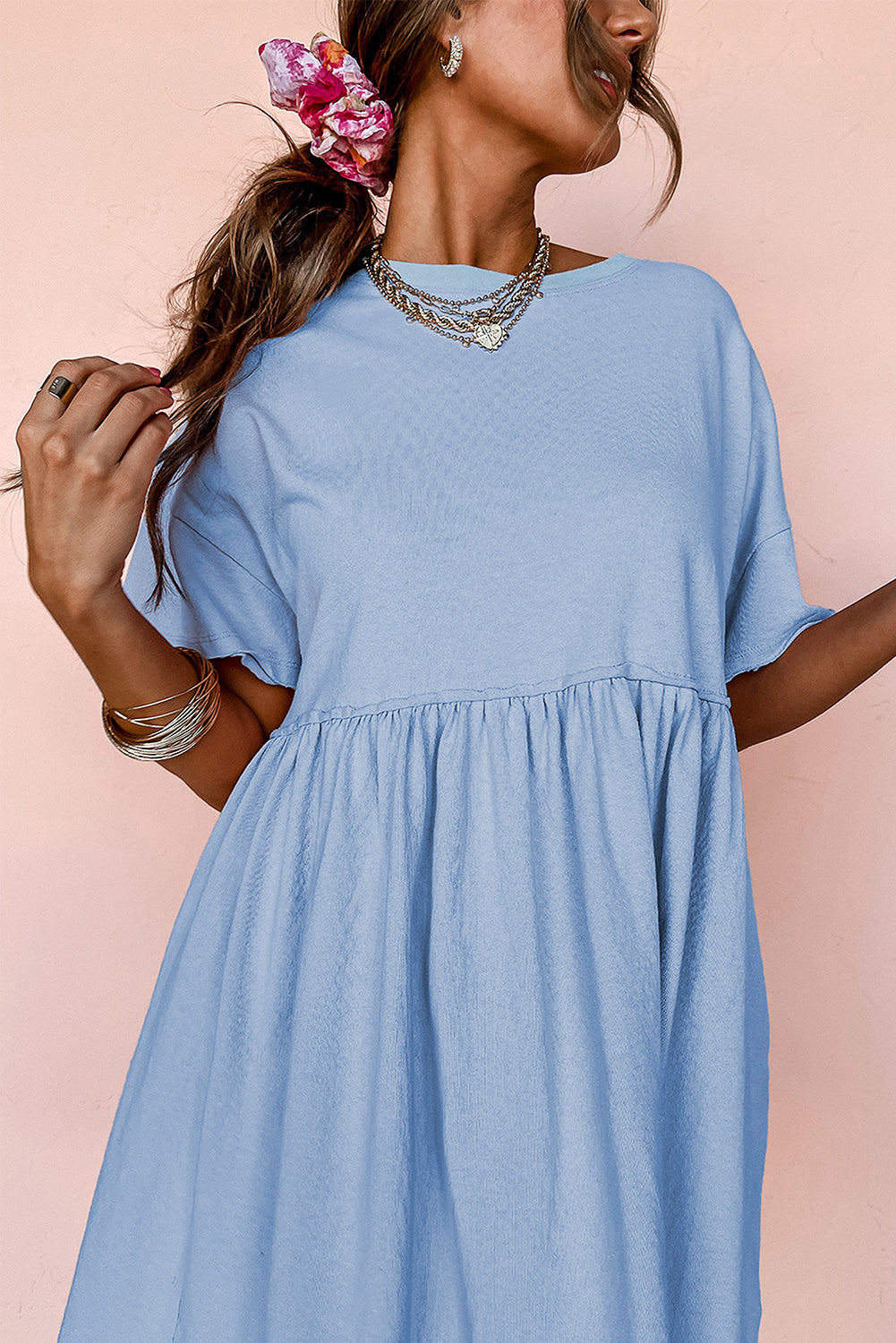 Sky Blue Solid Color Pocketed Raw Edge Babydoll Dress Mini Dresses JT's Designer Fashion
