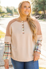 Parchment Plus Size Plaid Patchwork Layered Henley Top Plus Size Long Sleeve Tops JT's Designer Fashion