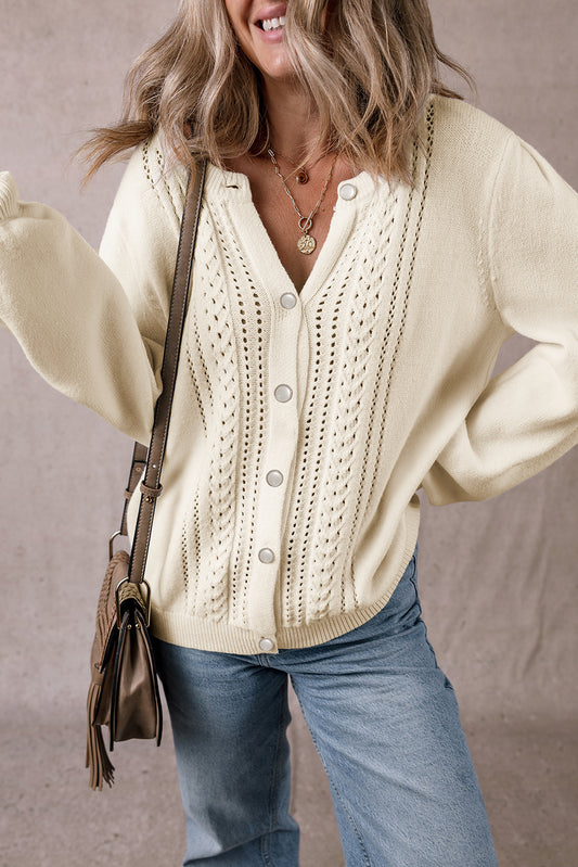 Apricot Pleated Sleeve Hollow Detail Button Sweater Cardigan Apricot 50%Viscose+28%Polyester+22%Polyamide Cardigans JT's Designer Fashion