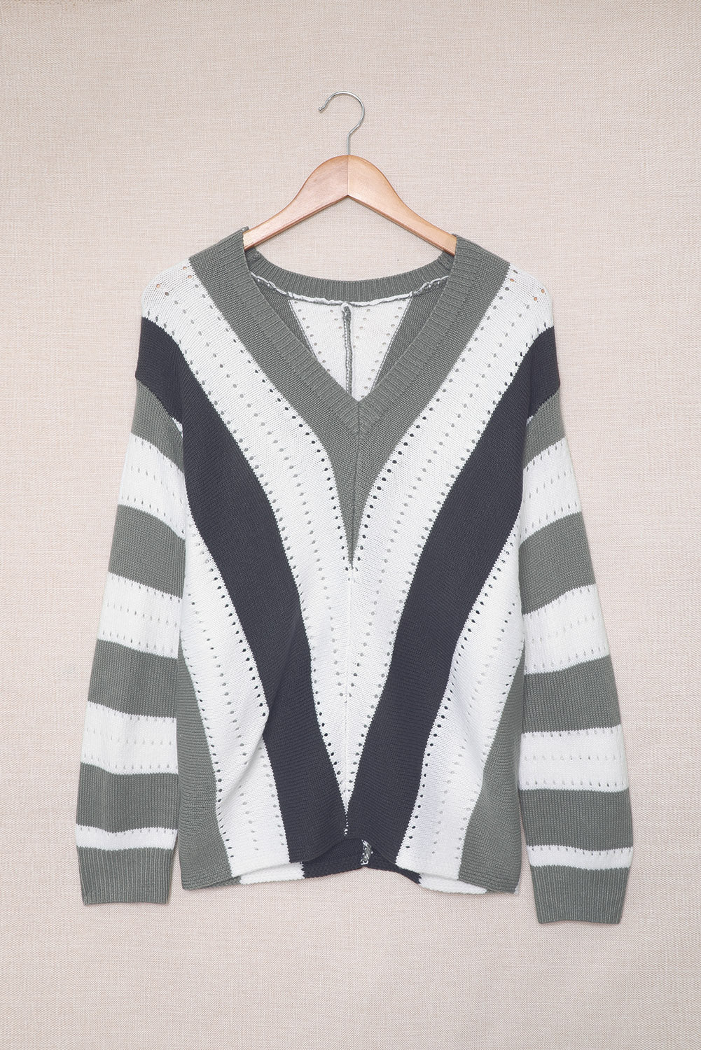 Gray Striped Colorblock V Neck Knitted Sweater Sweaters & Cardigans JT's Designer Fashion