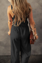 Black Knotted Straps Button Textured Drawstring Jumpsuit Bottoms JT's Designer Fashion