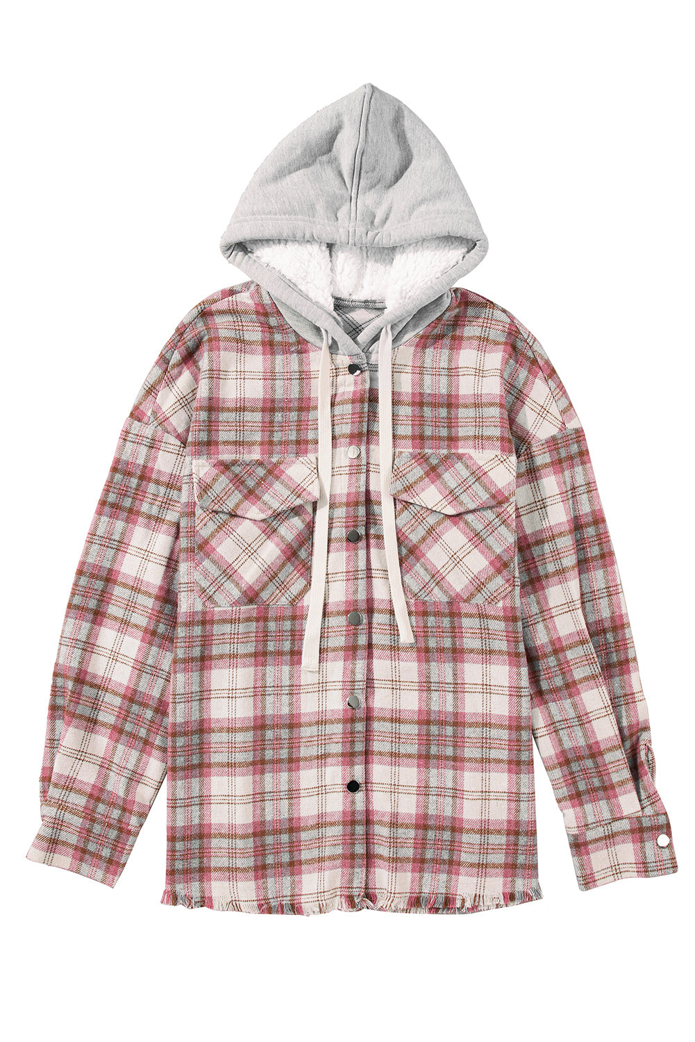 Multicolour Plaid Flap Pocket Hooded Raw Hem Jacket Plaid Shackets JT's Designer Fashion
