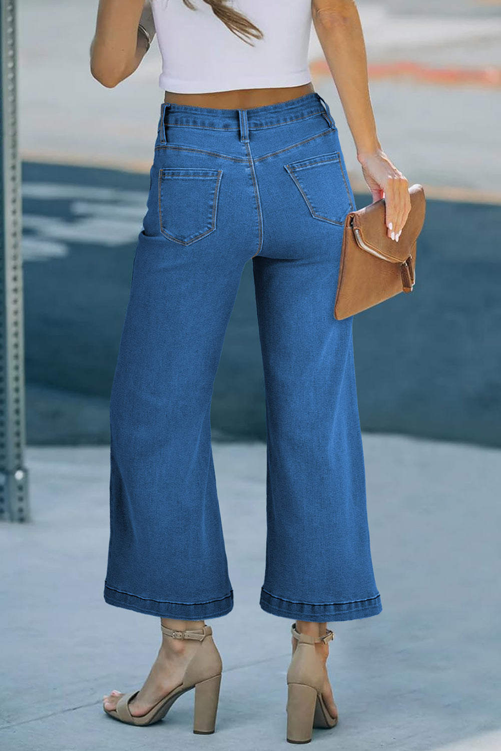 Dark Blue Plain Seam Detail Flared Bottom Ankle Length Jeans Jeans JT's Designer Fashion