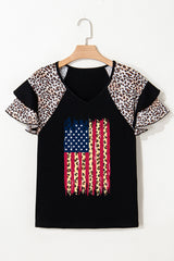 Black Leopard Patchwork Frayed USA Flag Print Ruffle Short Sleeve V Neck Tee Graphic Tees JT's Designer Fashion