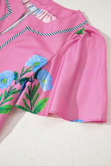 Rose Floral Short Sleeve Split Neck Loose Mini Dress Floral Dresses JT's Designer Fashion