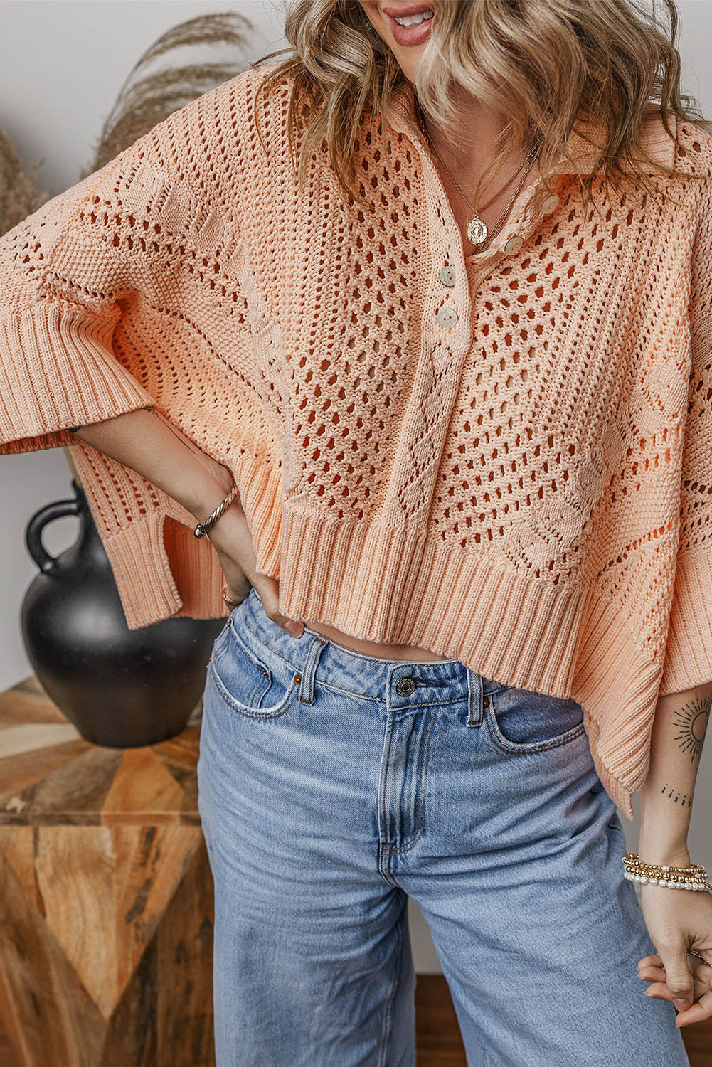 Apricot Pink Hollowed Knit 3/4 Dolman Sleeve Buttoned Collared Sweater Cardigans JT's Designer Fashion