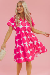 Rose Polka Dot Flutter Sleeve Notched Neck Tiered Flowy Dress Mini Dresses JT's Designer Fashion