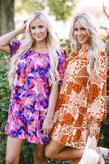 Purple Flower Print Short Puff Sleeve Ruffled Dress Floral Dresses JT's Designer Fashion