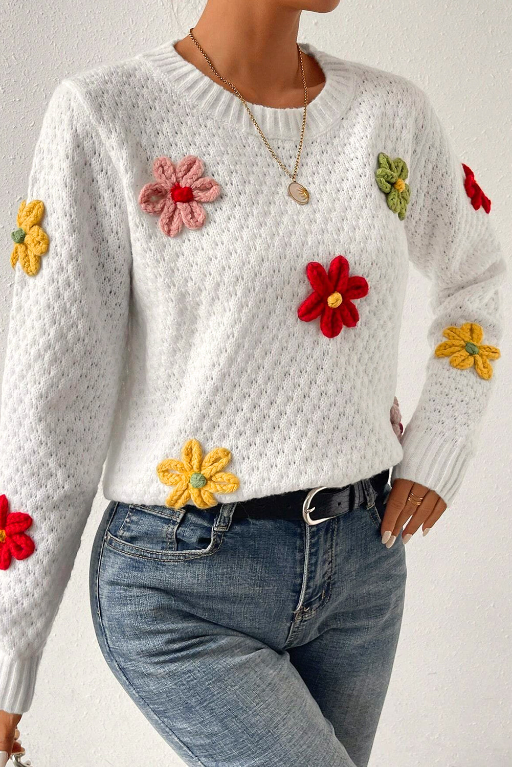 White Colorful Flower Applique Textured Knit Sweater Sweaters JT's Designer Fashion