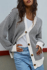 Black Stripe Buttoned Front V Neck Herringbone Cardigan Cardigans JT's Designer Fashion