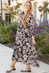 Black Plus Size Floral Printed Puff Sleeve Collared Maxi Dress Plus Size Maxi Dresses JT's Designer Fashion