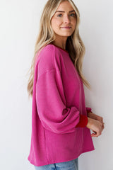 Bright Pink Corded Contrast Edge Drop Shoulder Long Sleeve Top Long Sleeve Tops JT's Designer Fashion