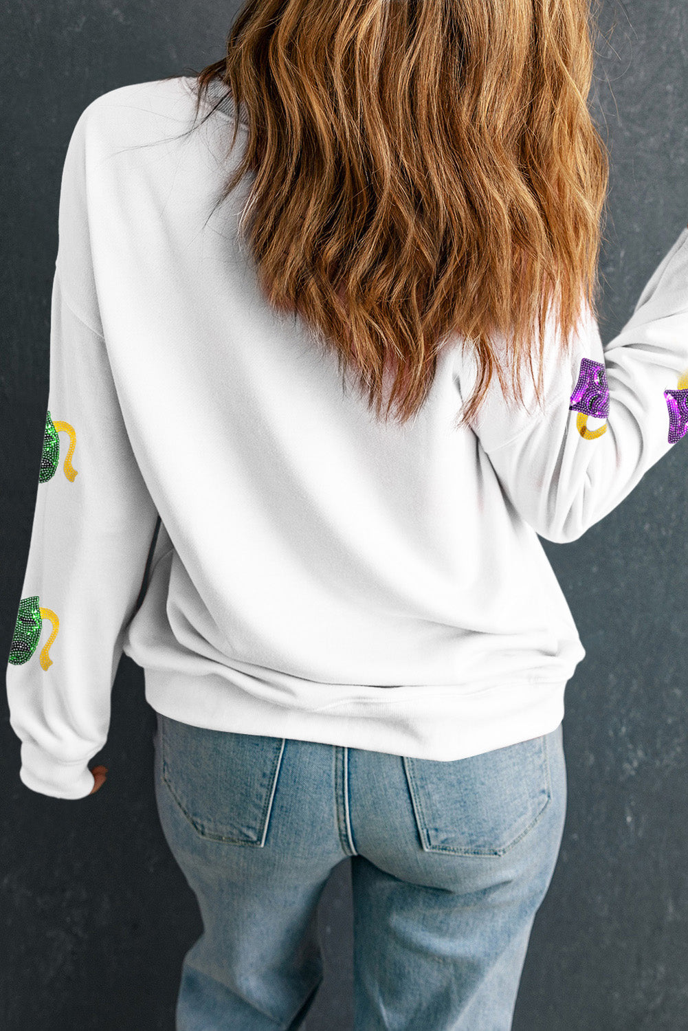 White Sequined Mardi Gras Mask Pattern Drop Shoulder Sweatshirt Graphic Sweatshirts JT's Designer Fashion