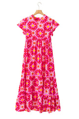 Strawberry Pink Geo Print V-neck Long Dress Maxi Dresses JT's Designer Fashion