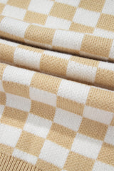 Apricot Checkered Buttons Collar V Neck Drop Shoulder Sweater Sweaters JT's Designer Fashion