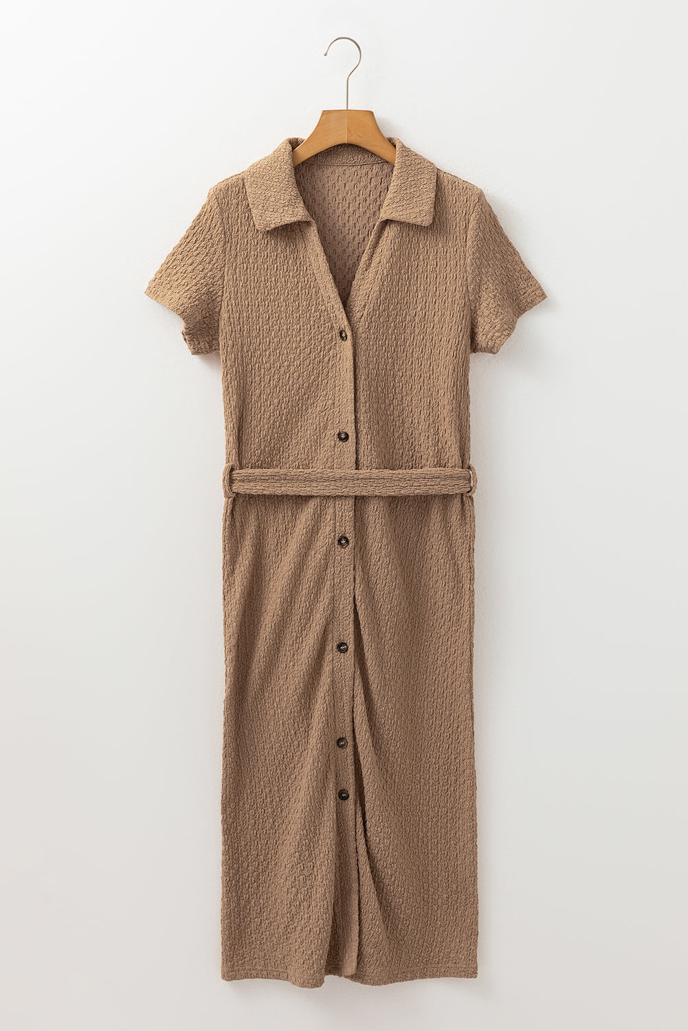 Buckskin Short Sleeve Textured Button Up Tie Waist Long Dress Maxi Dresses JT's Designer Fashion