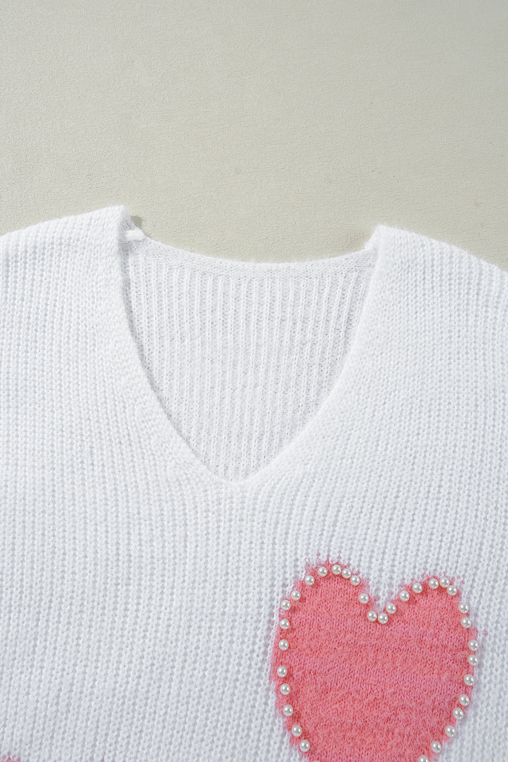 White Pearl Beaded Heart Pattern Fuzzy V Neck Sweater Sweaters JT's Designer Fashion