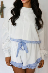 White Plaid Ruffled Patchwork Drop Shoulder Pullover and Drawstring Elastic Waist Shorts Matching Set White 80%Polyester+20%Cotton Short Sets JT's Designer Fashion