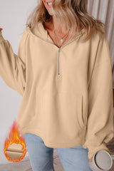 Parchment Fleece Lined Half Zipper Kangaroo Pockets Loose Hoodie Sweatshirts & Hoodies JT's Designer Fashion