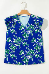 Blue V Neck Floral Print Double Ruffled Short Sleeve Blouse Blouses & Shirts JT's Designer Fashion