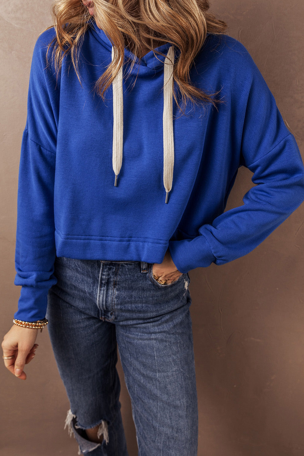 Dark Blue Solid Drop Shoulder Drawstring Cropped Hoodie Sweatshirts & Hoodies JT's Designer Fashion