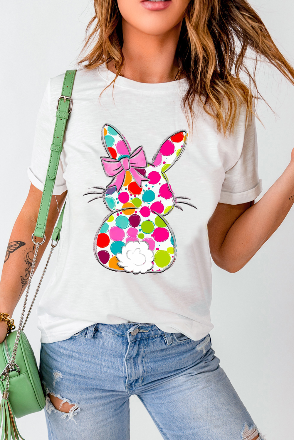 White Polka Dot Bow Rabbit Graphic Crewneck Easter Fashion Tee Graphic Tees JT's Designer Fashion