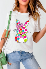 White Polka Dot Bow Rabbit Graphic Crewneck Easter Fashion Tee Graphic Tees JT's Designer Fashion